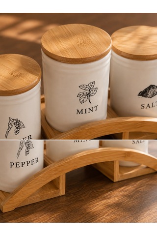 Bambu Standlı 3 Lü Baharatlık Seti Salt, Pepper & Mint Beyaz