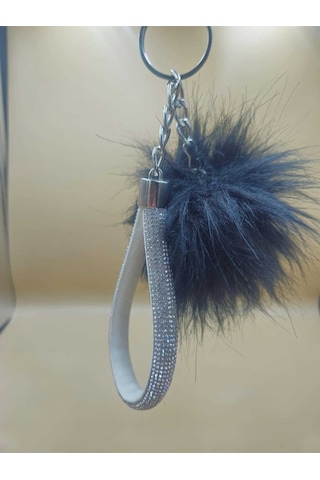Gümüş Taşlı Tilki Tüyü Siyah Angel Anahtarlık
