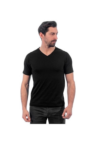 V Yaka Tişört, Siyah -113E250- T-Shirt, Tshirt, Kısa Kollu