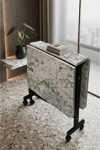 Çok Amaçlı Açılır Katlanır Ahşap Kelebek Masa Beyaz Mermer 60x120