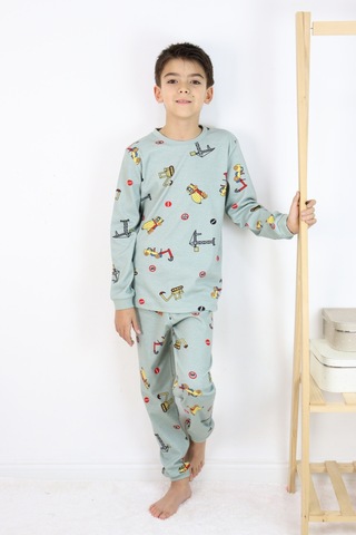 Erkek Çocuk Baskılı İnterlok Kumaş Uzun Kollu Pijama Takımı Açık Yeşil