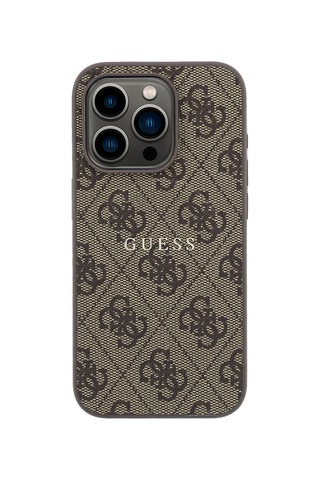 İphone 15 Pro Uyumlu Kılıf Guess Lisanslı M-safe Kabartmalı 4g Desenli Yazı Logolu Kapak Kahverengi