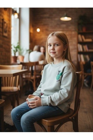 Kız Çocuk Pamuklu Tavşan Desenli İnce Uzun Kollu Sweatshirt-16335 Yeşil