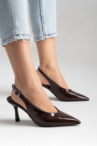 Esatsani Kahverengi Rugan Arka Açık 9 Cm İnce Topuklu Özel Günler Davet Stiletto Kadın Ayakkabı Kahverengi Rugan