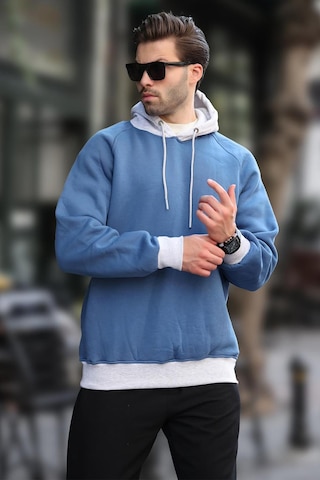 Madmext İndigo Renk Bloklu Kapüşonlu Sweatshirt 7073 Mavi