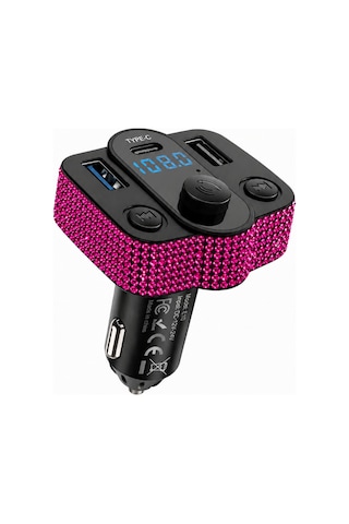 Araç İçi Fuşya Kristal Taşlı Fm Transmitter Bluetooth Usb Type-c Oto Çakmaklık