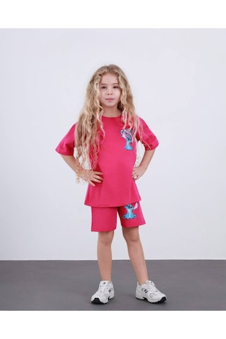 Miniko Kids Kız Çocuk Stitch Modelli Pamul Şortlu Takım Fuşya