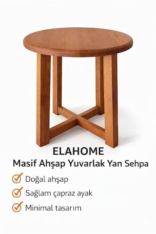 Elahome Sehpa Doğal Meşe Masif Yan Sehpa % 100 Doğal Meşe Masif Kırmızı - Kahverengi