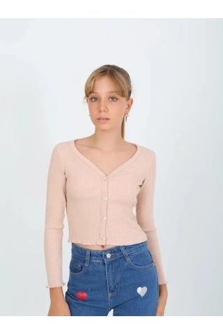 Kız Çocuk Kaşkorse Taşlı Düğmeli Hırka-14807 Bej