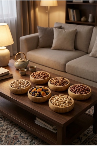 Makri Home Bambu 6'lı Çerezlik & Kuruyemiş Sunum Seti Yuvarlak Doğal Ahşap Servis Kasesi Bambu