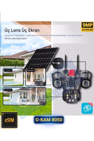O-kam 8050 9mp Lens 3 Kamera 4g Esim Destekli Solar Güneş Enerjili Akıllı Güvenlik Kamerası