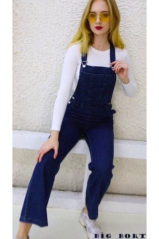 Yandan Düğmeli Kot Enzim Kumaş Salopet & Tulum-9654 Lacivert