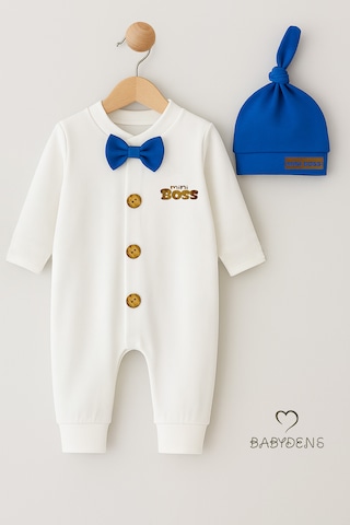Babyden's Mini Boss Erkek Bebek Papyonlu Şapkalı Tulum Seti %100 Pamuk Hastane Çıkışı Saks Mavi