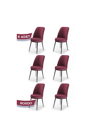Canisa Concept Dexa Serisi, Üst Kalite Yemek Odası Sandalyesi, Metal Siyah Iskeletli, 6 Adet Bordo Sandalye Bordo Sandalye