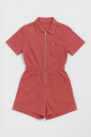 Kadın Kısa Kollu Fermuarlı Beli Lastikli Jean Tulum Şort Pembe