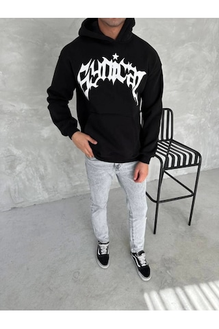 Efnaz Style Unisex Üç İplik Kapşonlu Baskılı Sweatshirt - Siyah