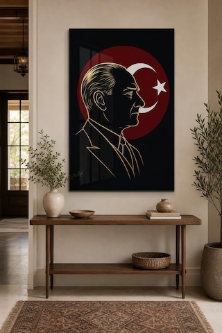 Atatürk Ve Türk Bayrağı Baskılı Cam Tablo Uv Baskı Milli Duvar Dekoru