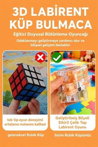 3d Labirent Küp Bulmaca Çelik Bilyeli Eğitici Zeka Oyuncağı Döner Duyusal Beceri Oyunu 6,9 Cm