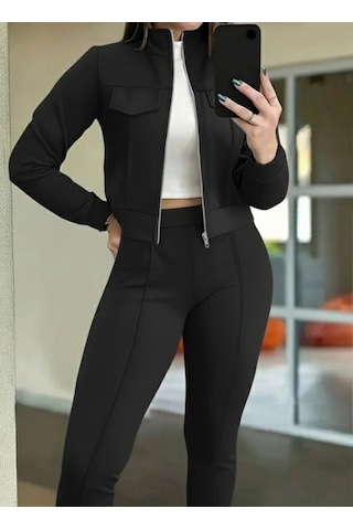 S-pazarım Kadın Uzun Kollu Önden Fermuarlı Kısa Modal Ceket Ve Pantolon Ikili Takım Siyah