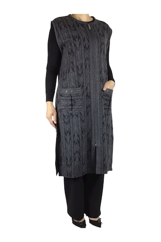 Önü Fermuarlı Desenli Cepli Kalın Kışlık Yelek Siyah