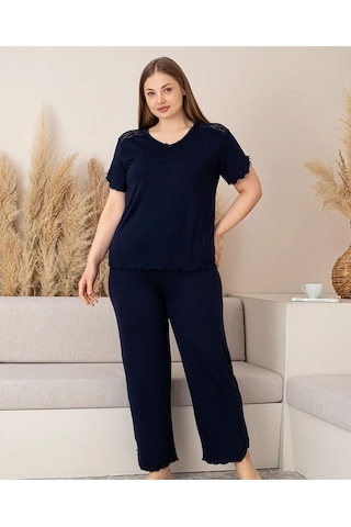 Lukitus Büyük Beden Battal Bambu Dantel Detaylı Kısa Kol Kadın Pijama Takımı Lacivert