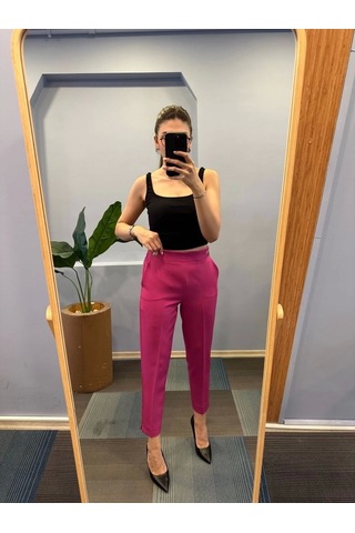 Defymoda Bel Lasti Kli Düğmeli Pantolon Koyu Fuşya