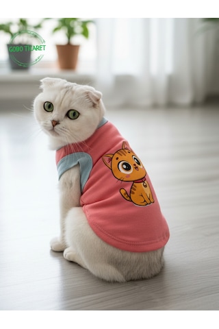 Gobo Yumuşacık Şeker Pembe Kedi Ve Köpek Kıyafeti Elbisesi Sarı Kedi Baskılı - Xs, S, M, L Beden