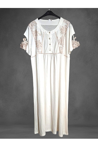 Kısa Kol Dantel Detaylı Kadın Gecelik Ekru