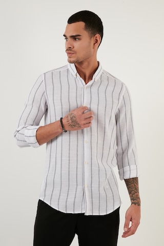 Buratti Pamuklu Çizgili Regular Fit Düğmeli Yaka Erkek Gömlek Cf21S112480 Beyaz-Lacivert