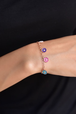 925 Ayar Gümüş Rose Kaplama Renkli Mineli Papatya Bileklik Renkli