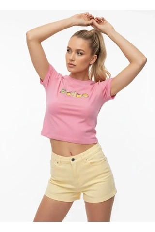 Park Karon 26025 Pamuk Desenli Crop Boy Bisiklet Yaka Örme Bluz Pembe 40