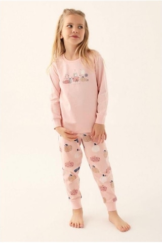 Kız Çocuk Ayıcık Baskılı Uzun Kollu Pijama Takım-16029 Pudra