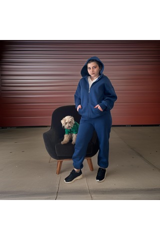 Ceyss Design Unisex Üç İplik Şardonlu Kapüşonlu Hırkalı Eşofman Takımı-indigo İndigo