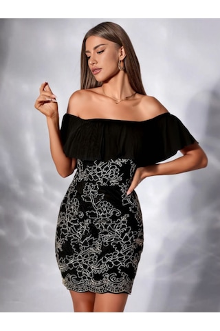 Fashion Cocktail Siyah Simli Nakışlı Pileli Işlemeli Düşük Omuz Kokteyl Davet Abiye Elbise Siyah Siyah