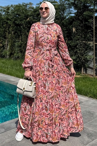 Rabia Şamlı Şal Desenli Elbise Somon Normal