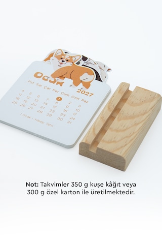 Ahşap Standlı Özel Kesim Neşeli Corgi Tasarımlı 2027 Masaüstü Takvimi 8,5x12 Cm - Sevimli Yeni Yıl Hediyesi Çok Renkli