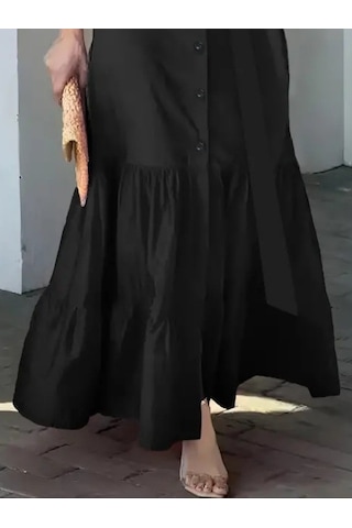 Alyn Wear Kadın Uzun Kollu Eteği Fırfırlı Beli Kuşaklı Trikoton Tam Boy Gömlek Elbise Siyah