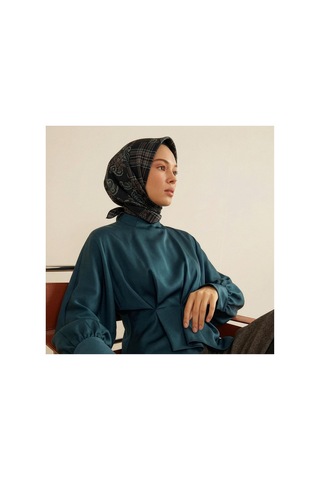 İpek Evi İpekevi Twill İpek Eşarp - Patchwork Desenli - Antrasit