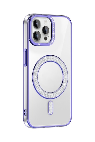 Apple Uyumlu iPhone 12 Pro Kılıf Pırlanta Taş Tasarımlı M-safe Şarj Özellikli Karetta Silikon Kapak Mor