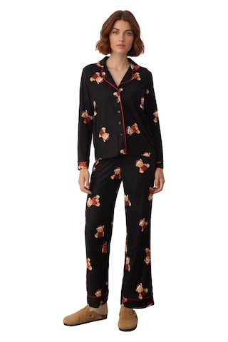 Ersefa Kadın Ayıcık Desenli Pijama Takımı Gömlek Yaka Uzun Fonksiyonel D Siyah