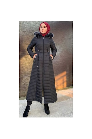 Harman Butik Kadın Fermuarlı İçi Kürklü Kapitone Uzun Mont Siyah Siyah