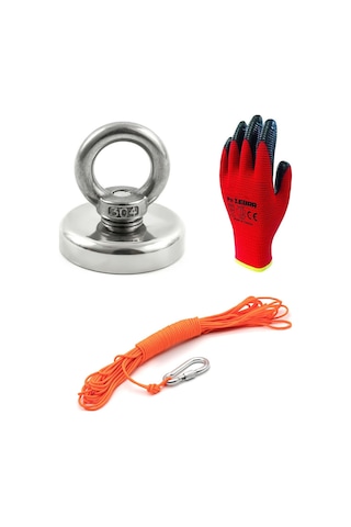 Ø100 Mm Süper Güçlü Deniz Mıknatısı - Karabina -25 Halat -eldiven Set - Magneteksan