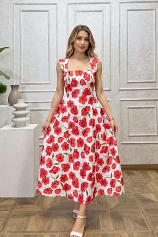 Moda Banuş Beyaz Gelincik Çiçeği Desenli Ekru Elbise Dar Kalıp