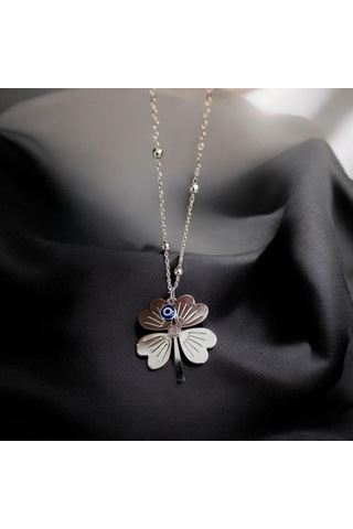 Gümüş Renk Dört Yapraklı Yonca Ve Nazar Boncuğu Kolye Şans Semb Gold