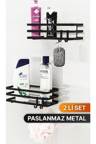 Bino Y01 4 Askılı Yapışkanlı 2'li Şampuanlık Organizer Banyo Askısı Siyah