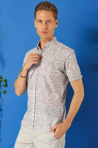 Efor Slim Fit Düğmeli Yaka Desenli Kısa Kol Pamuk Gri Gömlek G 1503 Gri