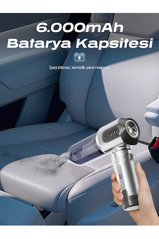 7go Ahv-14 2'si 1 Arada Kablosuz Araç İçi Süpürge Gümüş 18000pa Güçlü Vakum + Üfleme Cam Kırıcı Gümüş