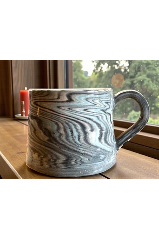 2'li Nerikomi El Yapımı Stoneware Fincan Siyah - Krem - Açık Mavi
