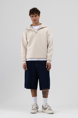 Vamos Basic Fermuarlı Dik Yaka Sweatshirt Taş