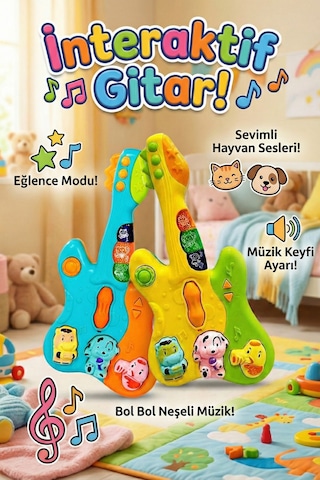 Renkli Mini Bebek Gitar Müzik Aksesuarı - 4 Modlu, Hayvan Ses Efektli Aydınlatmalı Öğretici Çocuk Aktivite Eğlencesi 6 Ay+